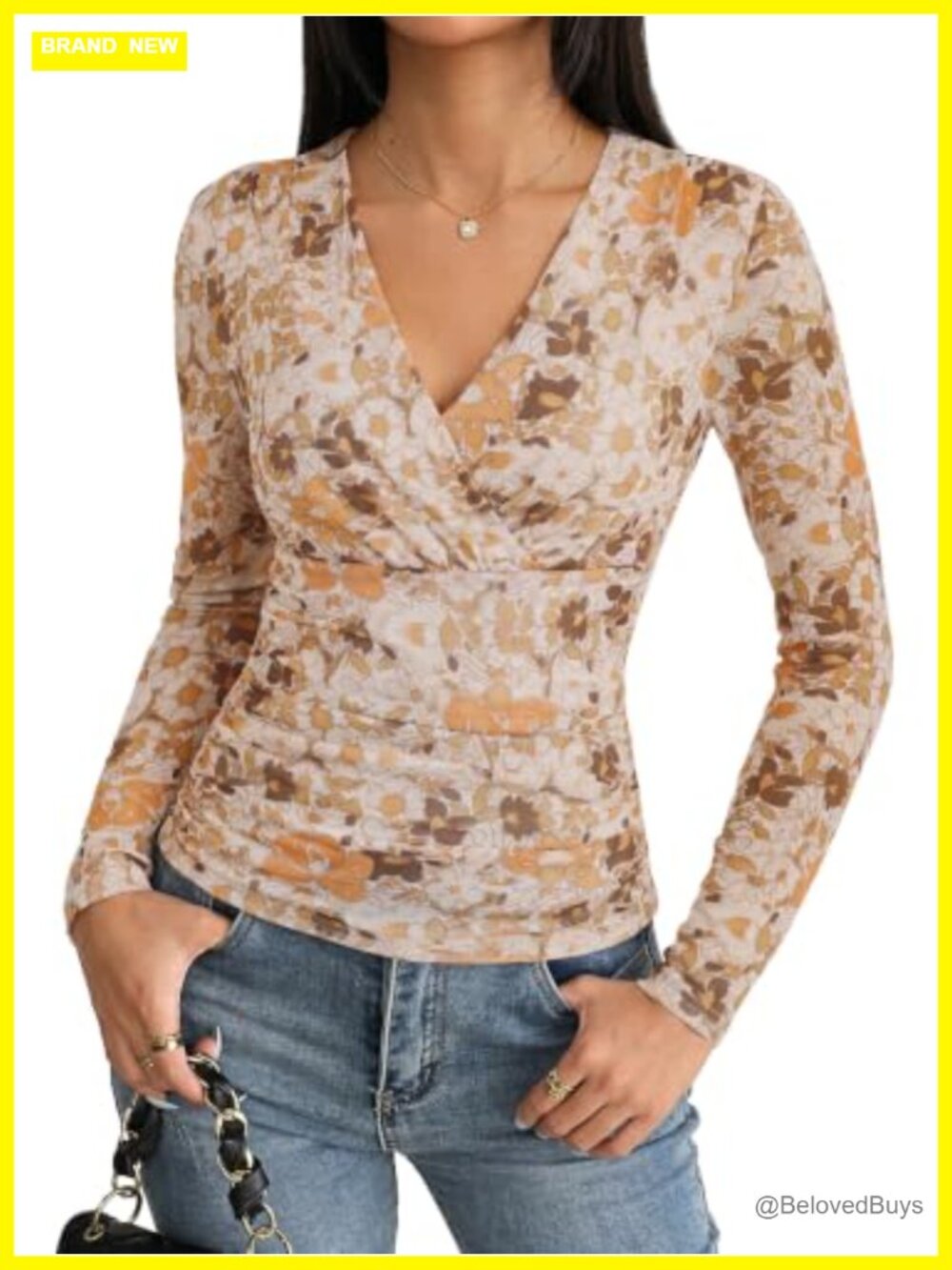 Boho Mesh Top Long Sleeve V-Neck Ruched Wrap Blouse